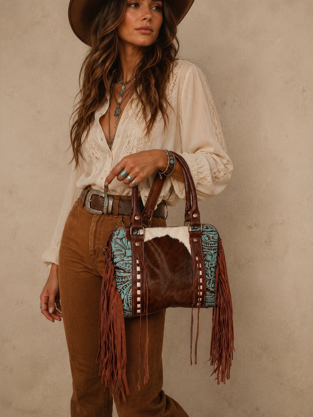 Myra Bag Cowhide Tooled Genui Leather Fringe Satchel Western Boho Bag Purse Med - Picture 15 of 15
